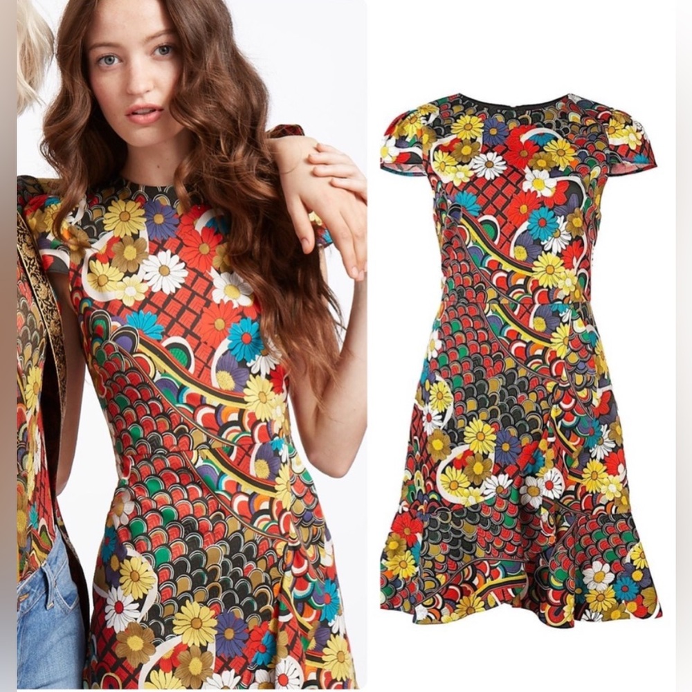 Alice + Olivia floral red, yellow, multi color ruffle skirt, cap sleeve dress